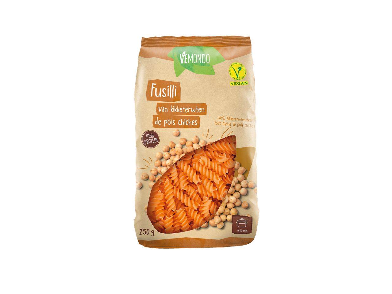 Vemondo's zak (250g) vegane fusilli pasta van kikkererwten.
