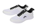 Pair of white and black athletic shoes with mesh uppers and black laces.