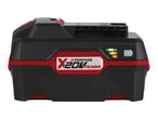 Black and red power tool battery with a charge indicator showing a full charge.