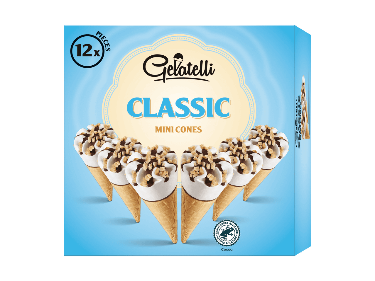 Packung mit 12 klassischen Mini-Eistüten mit Schokoladenüberzug und Nüssen