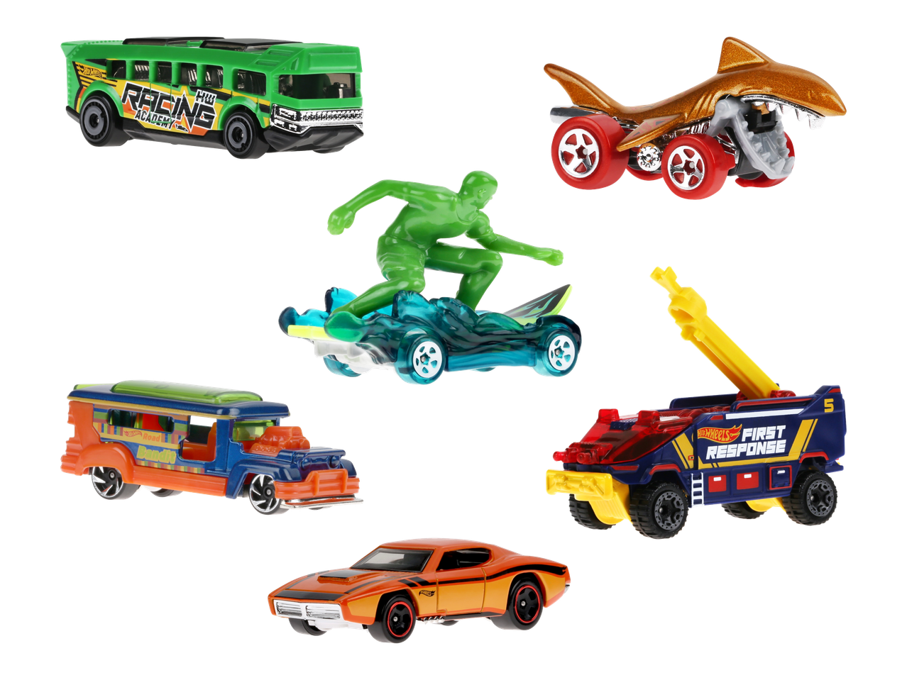 Hot Wheels -autoja ja -kuljetusajoneuvoja, mukaan lukien dinosaurusauto.