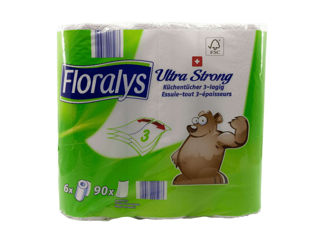 Paquet de 6 rouleaux d'essuie-tout 3 épaisseurs, ultra résistants, avec un ours musclé.