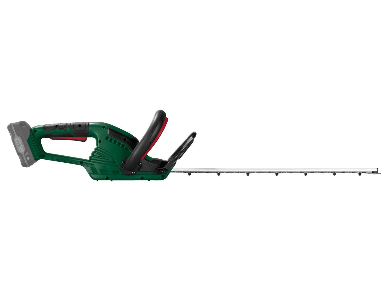 Corta-sebes sem fios com bateria e lâmina longa.