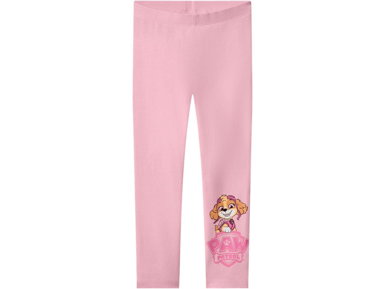 Rožinės spalvos sportinės kelnės su „Paw Patrol Skye“ atspaudu ant dešinės kojos.