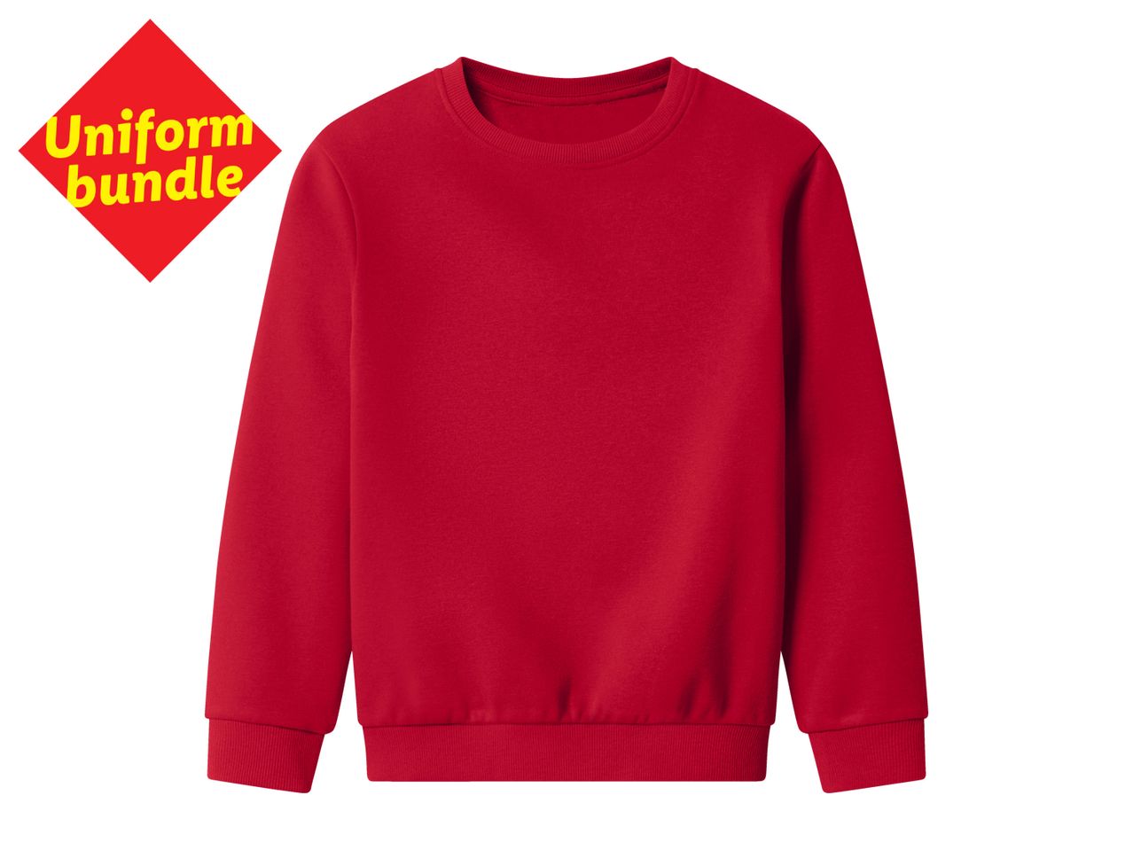 Red crewneck sweatshirt with a red diamond graphic that says 'Uniform bundle' in yellow text.