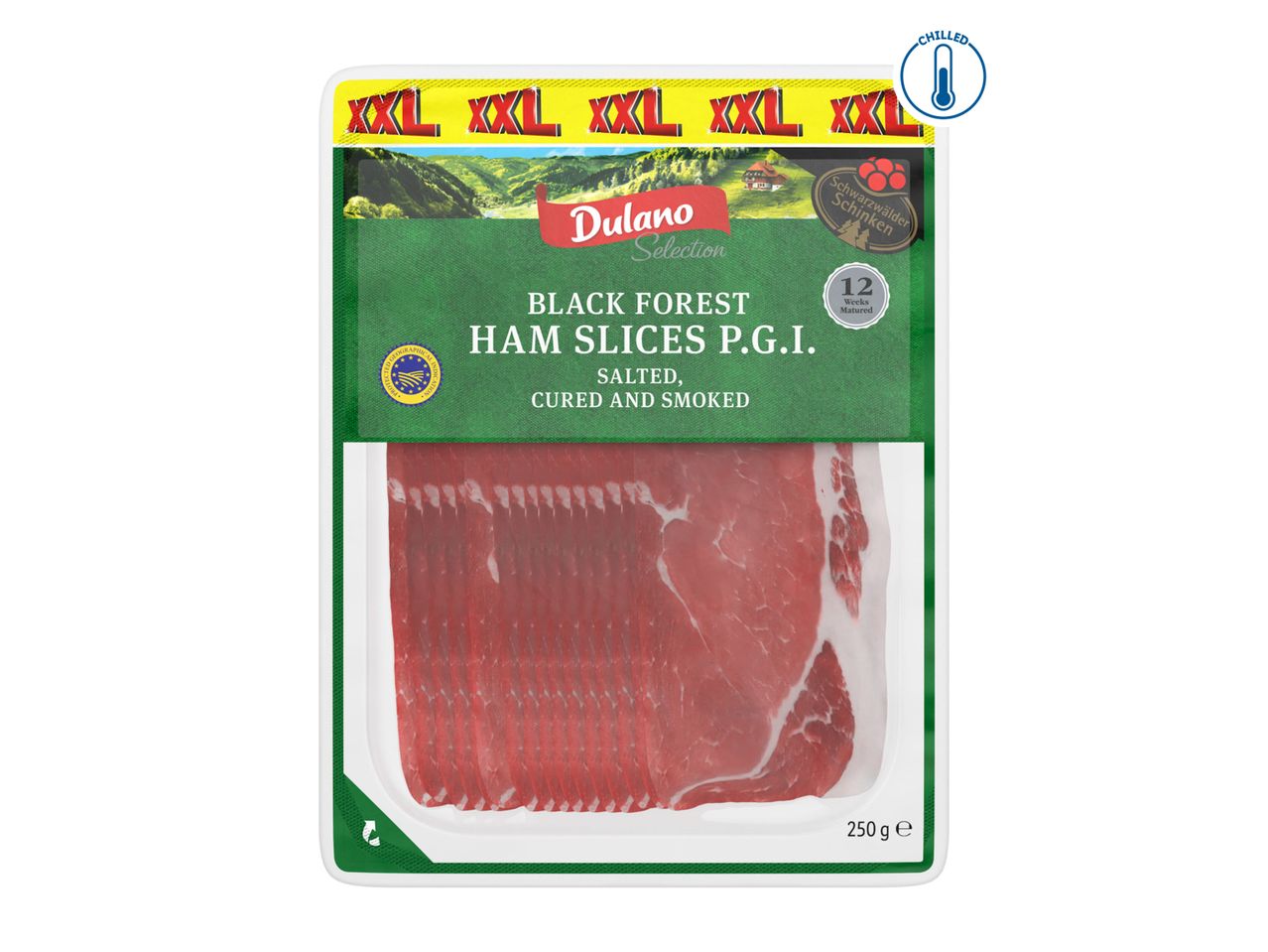 Dulano Selection Black Forest Ham slices, salted, cured and smoked, 250g.