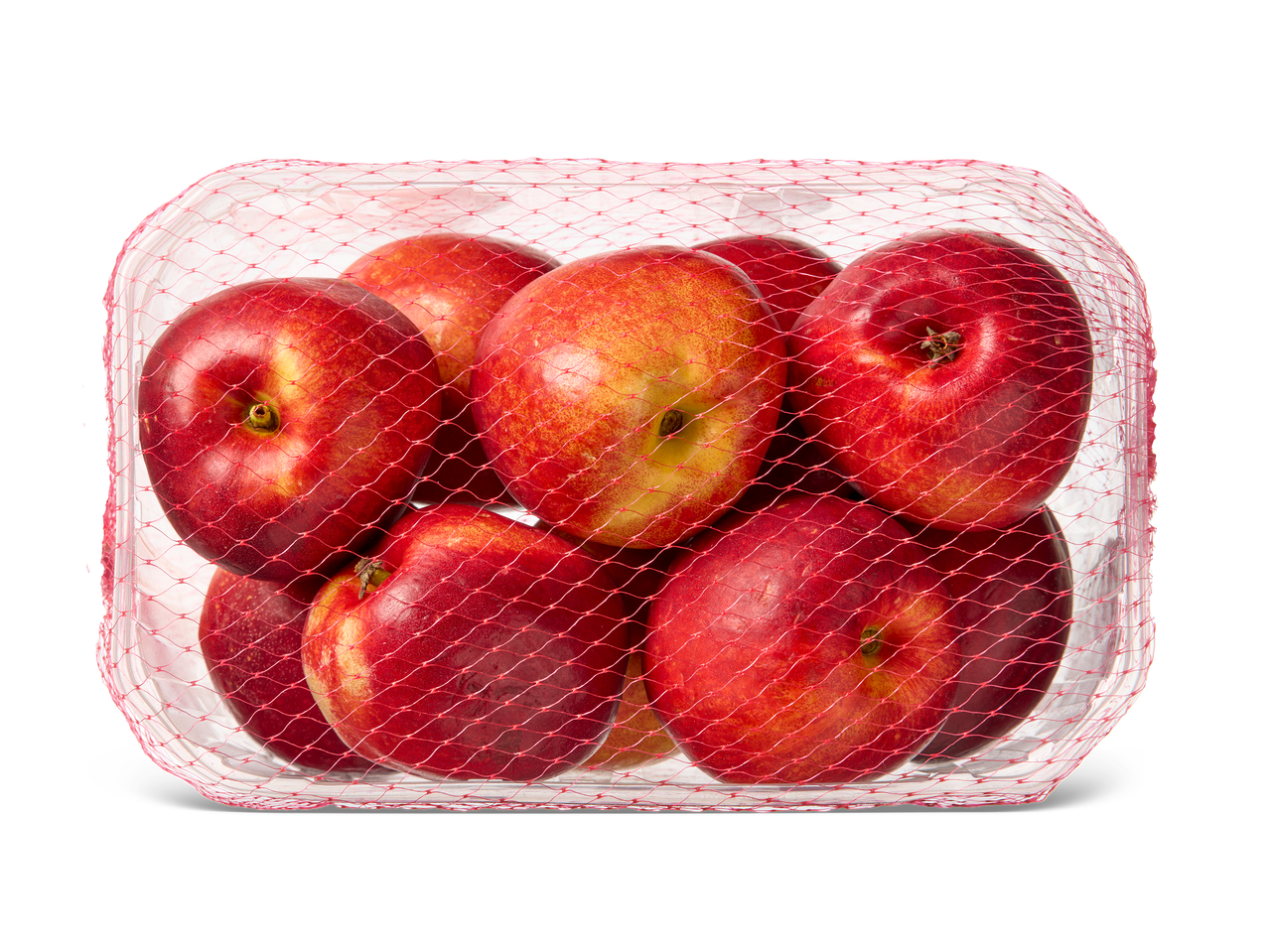 Een plastic bakje met een rood netje eromheen, gevuld met rode nectarines.