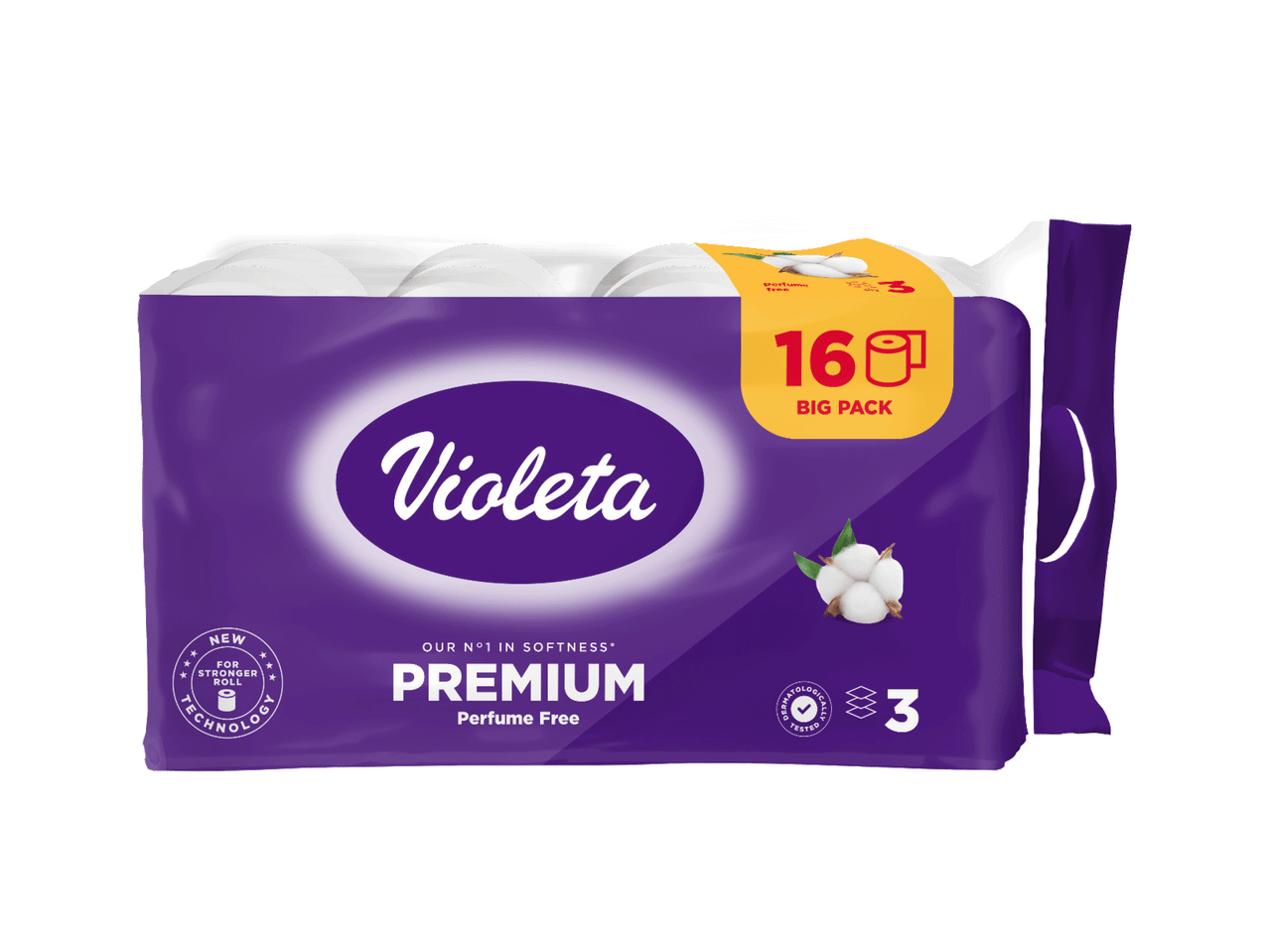 Pakovanje od 16 rolni toalet papira sa natpisom „Violeta Premium“, „Naš broj 1 u mekoći“ i „Bez parfema“.