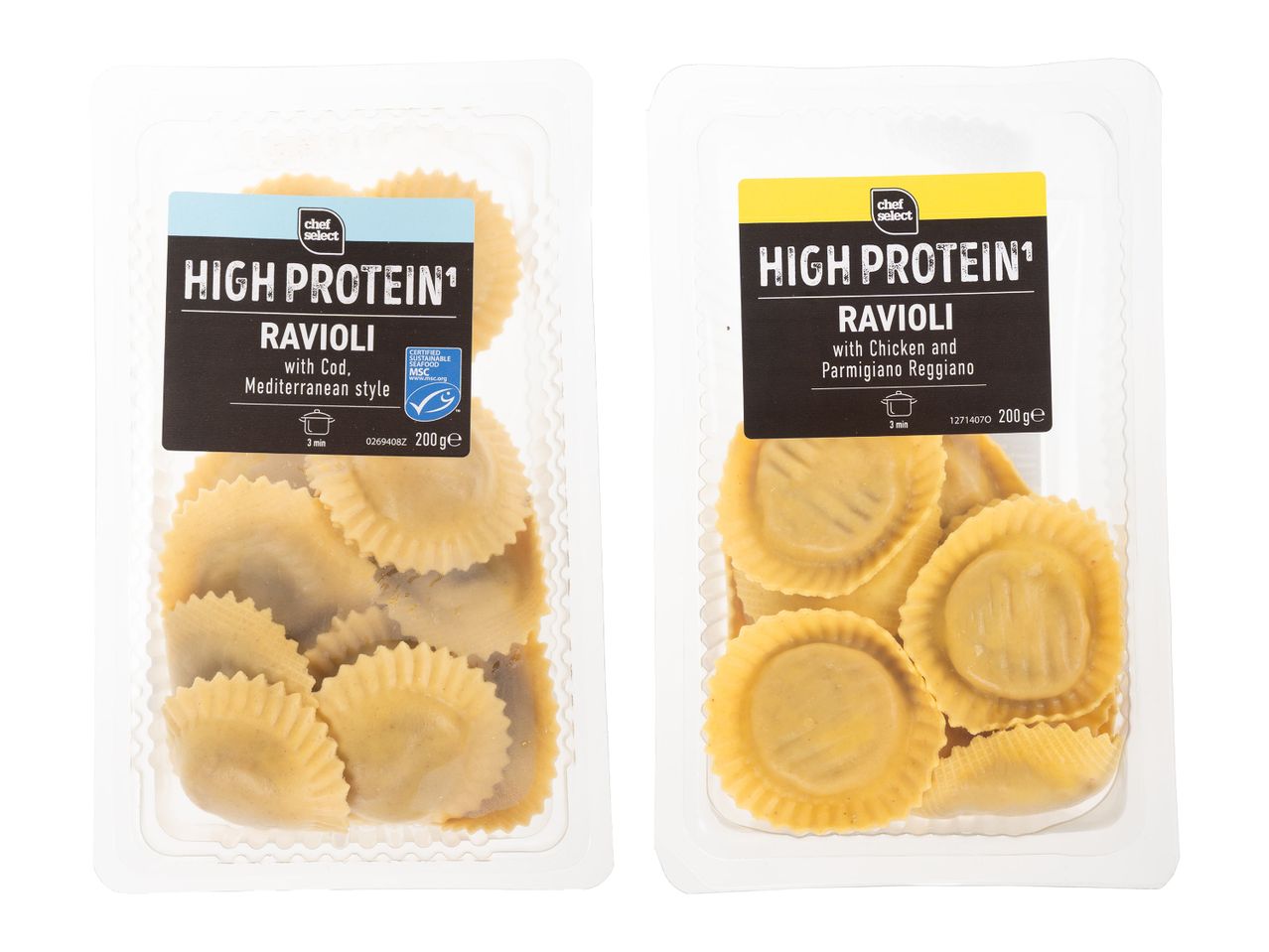 Chef Select: Ravioli cu conținut ridicat de proteine cu cod și pui cu parmezan.