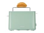 Mint green toaster with a bread roll on the warming rack.