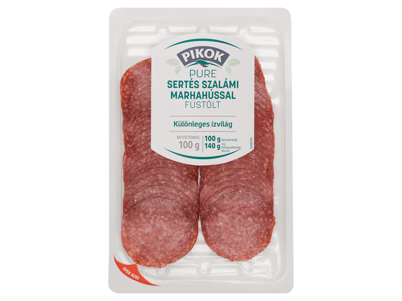 Sertés szalámi marhahússal, füstölt, szeletelt kiszerelésben.