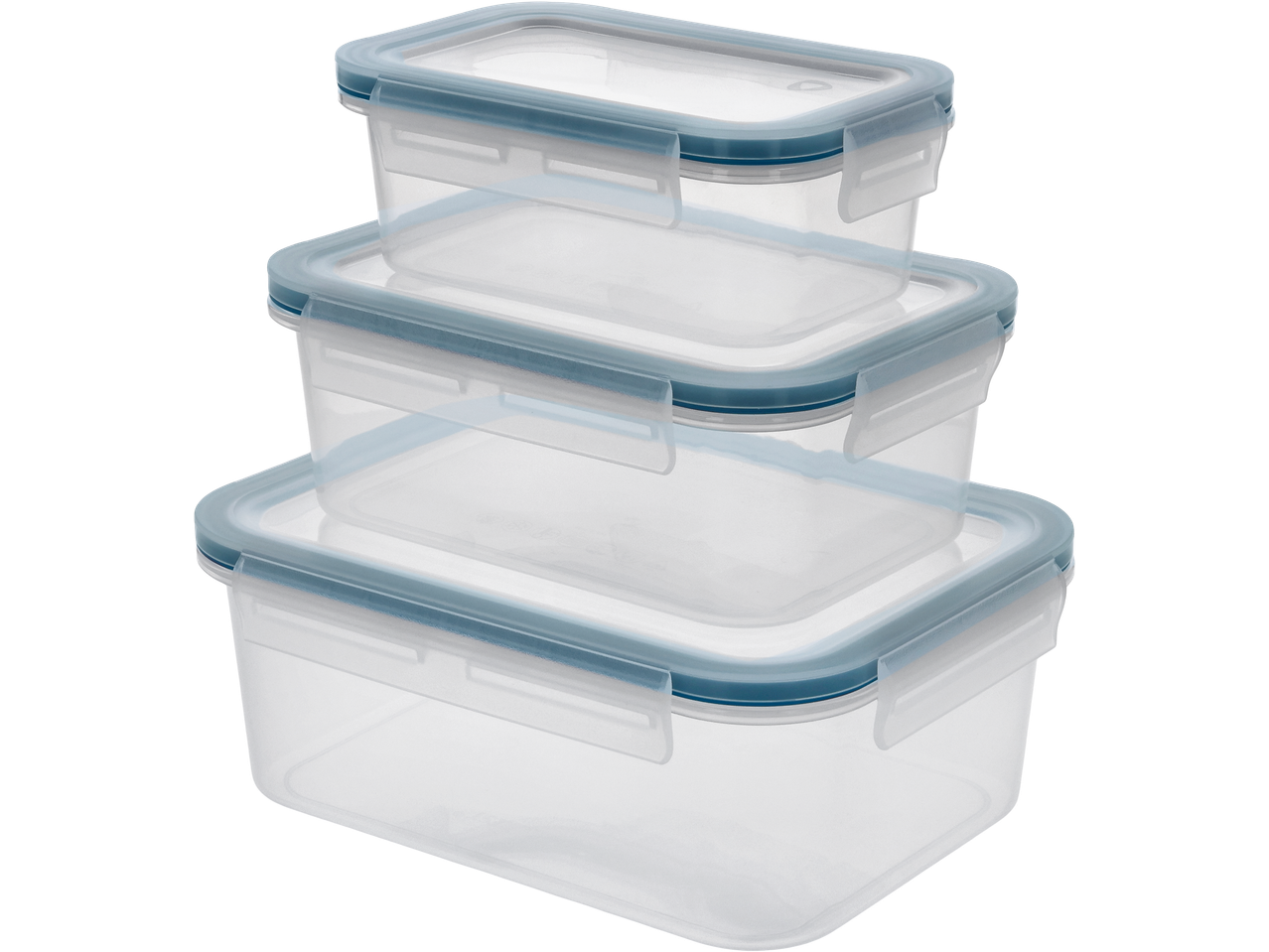Three clear rectangular food storage containers with blue-rimmed lids, stacked on a black background.