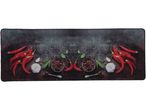 A Kitchen Runner with a symmetrical design of red chili peppers, garlic, and peppercorns.