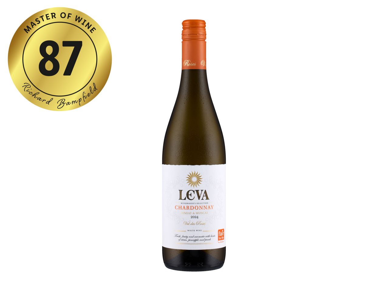 White wine bottle with an orange cap, rated 87 by a Master of Wine.