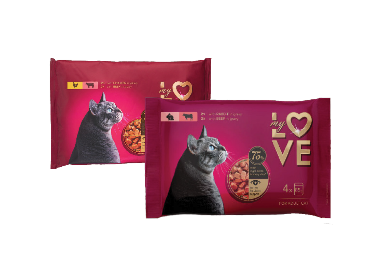 Du „My Love“ kačių ėdalo maišeliai su vištiena, jautiena ir triušiena.