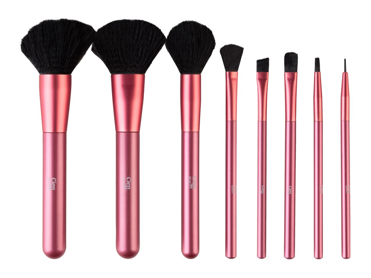 Rose gold makeup brush set with three large powder brushes and several smaller detail brushes.