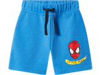 Blue kids' jersey shorts with a Spider-Man graphic and logo on the right leg.