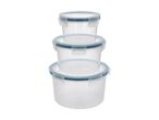 Stack of three round, clear plastic food storage containers with light blue lids.