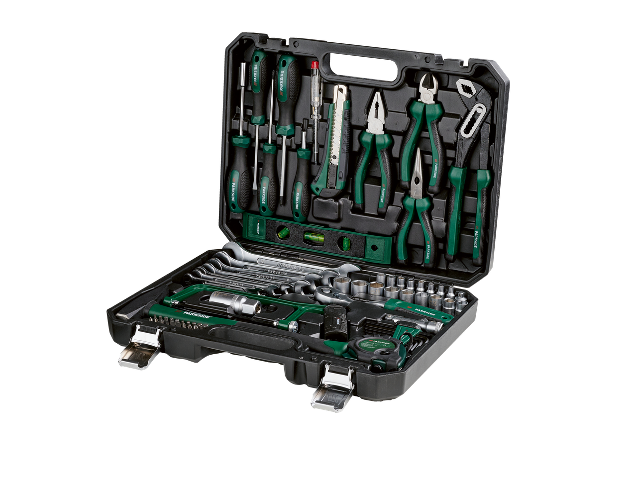 Parkside® Werkzeugkoffer mit Schraubendrehern, Zangen, Schraubenschlüsseln und Stecknüssen.