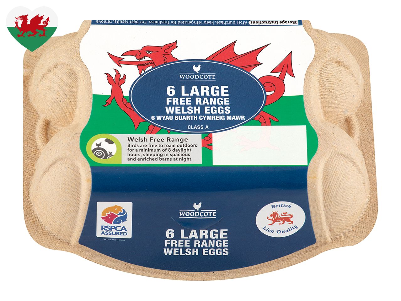 6 large Woodcote free range Welsh eggs, RSPCA Assured.