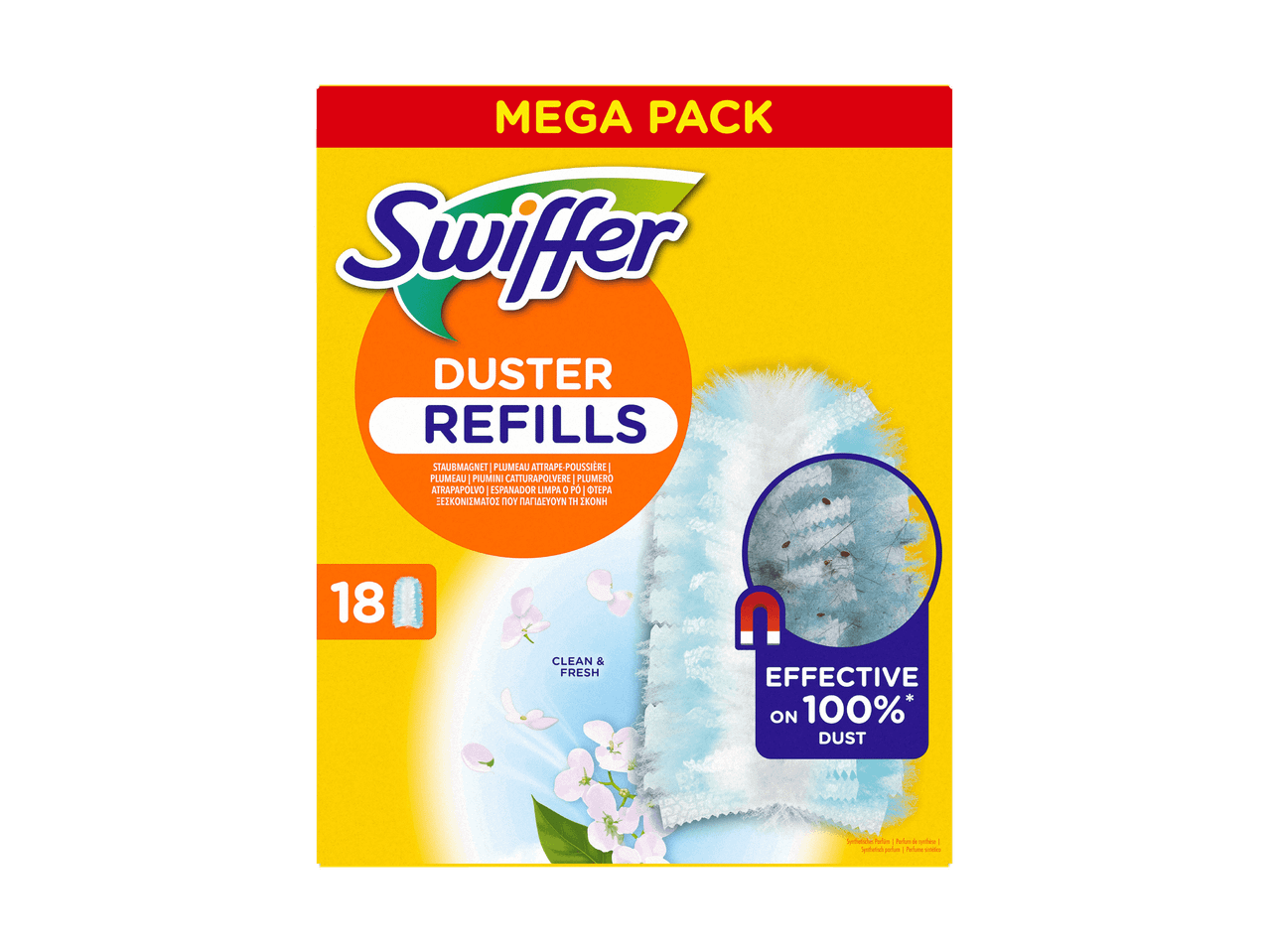 Ricarica Swiffer Duster con 18 piumini che catturano il 100% della polvere.