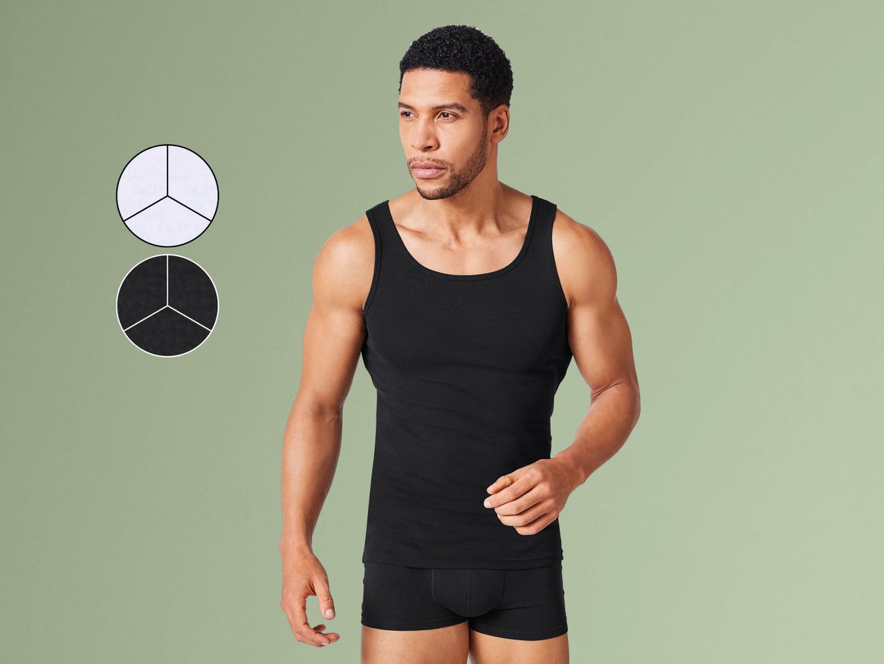 Man modeling black Ribbed Vests.