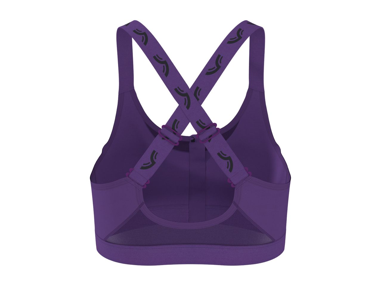 Purple sports bra with criss-cross back straps featuring a repeating pattern.