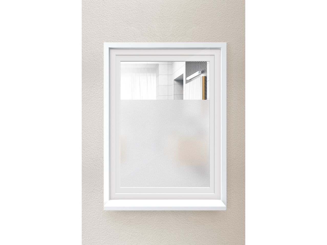 A white framed mirror with a Window Privacy Film