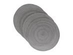 A stack of five round, grey woven placemats.