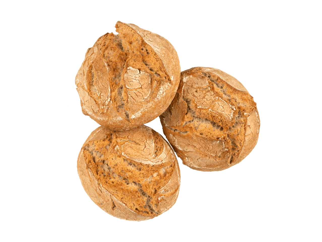 Drei knusprige, goldbraune Brötchen mit rustikaler Kruste