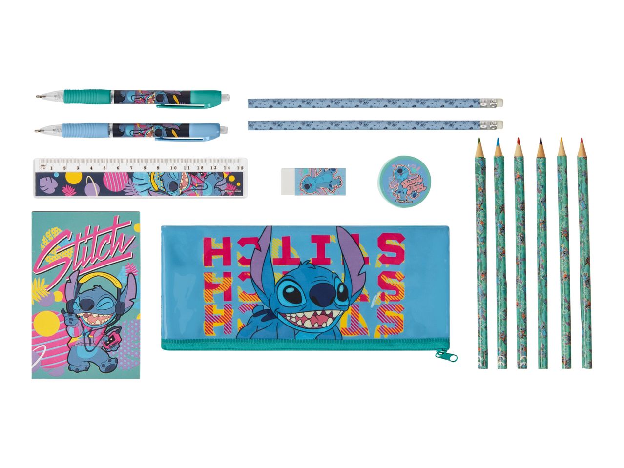 Stitch stationery set: pens, pencils, ruler, pencil case.