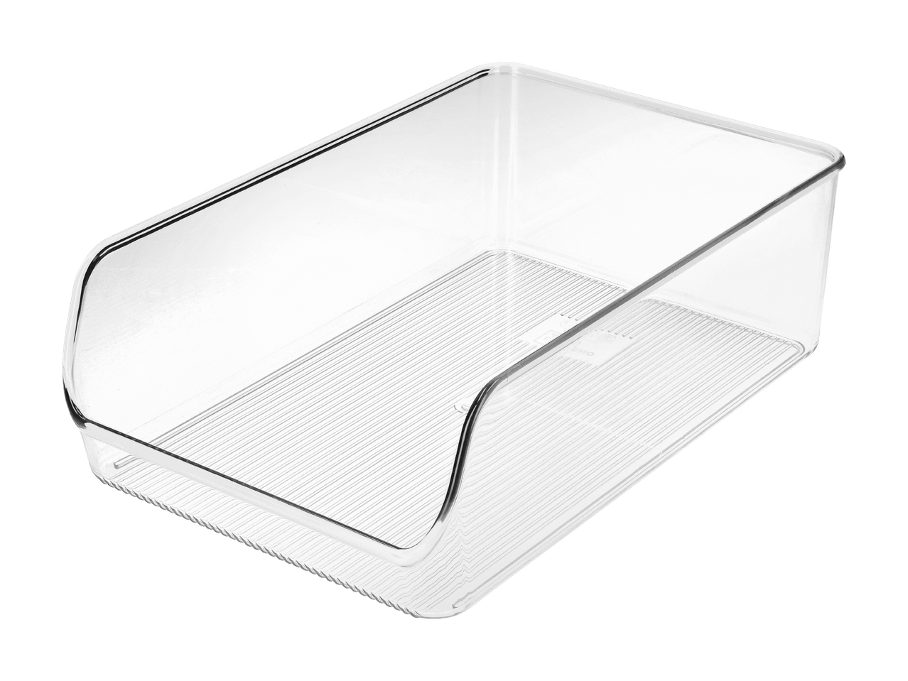 Gennemsigtig plastikopbevaringsbakke med rillede sider og bund.