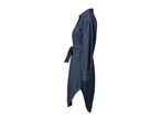 Denim shirt dress with a tie waist and long sleeves, viewed from the side.