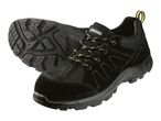 Pair of black safety shoes with yellow and black laces, featuring a textured sole.