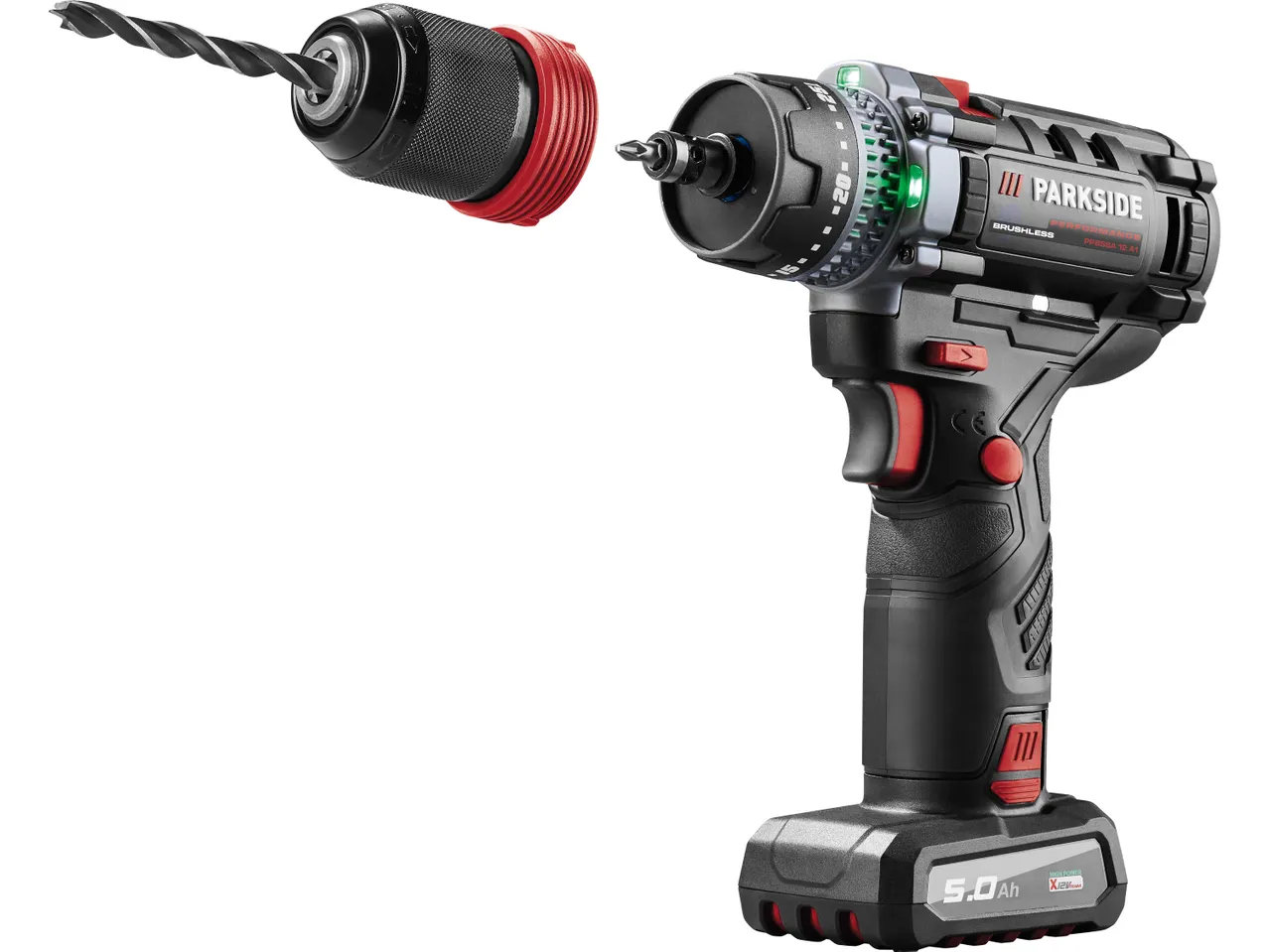 A PARKSIDE PERFORMANCE® Cordless Drill Driver with a separate drill bit attached.