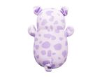 Back view of a purple spotted pig plush toy with small ears and a curly tail.