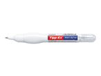 White correction pen with a metal tip and a transparent cap, featuring product information.