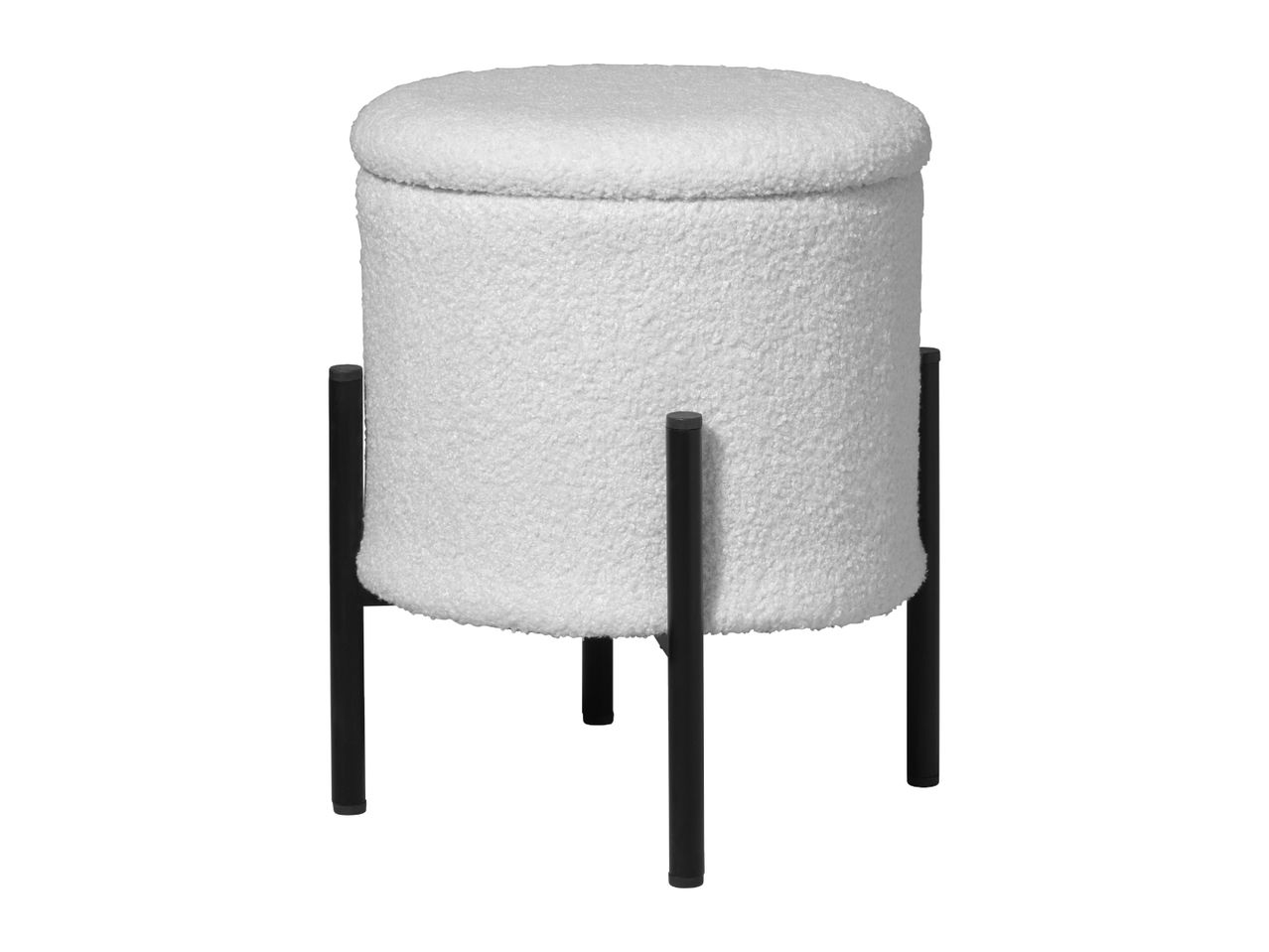 White bouclé storage ottoman with black metal legs.