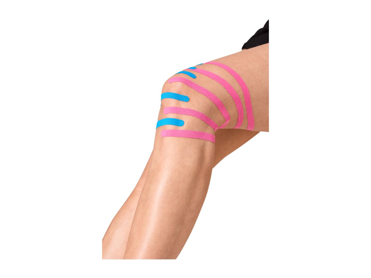 Close-up of a person's knee with pink and blue kinesiology tape applied.