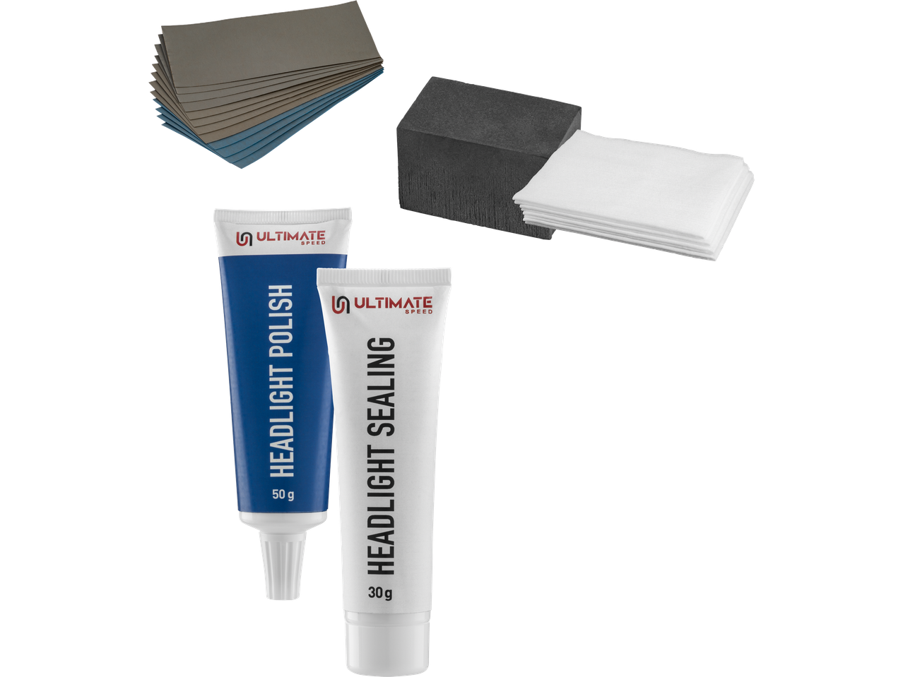 Kit för strålkastarrenovering med polermedel, tätningsmedel, slipark, svamp och dukar.