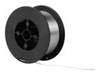 A spool of silver welding wire on a black plastic reel.