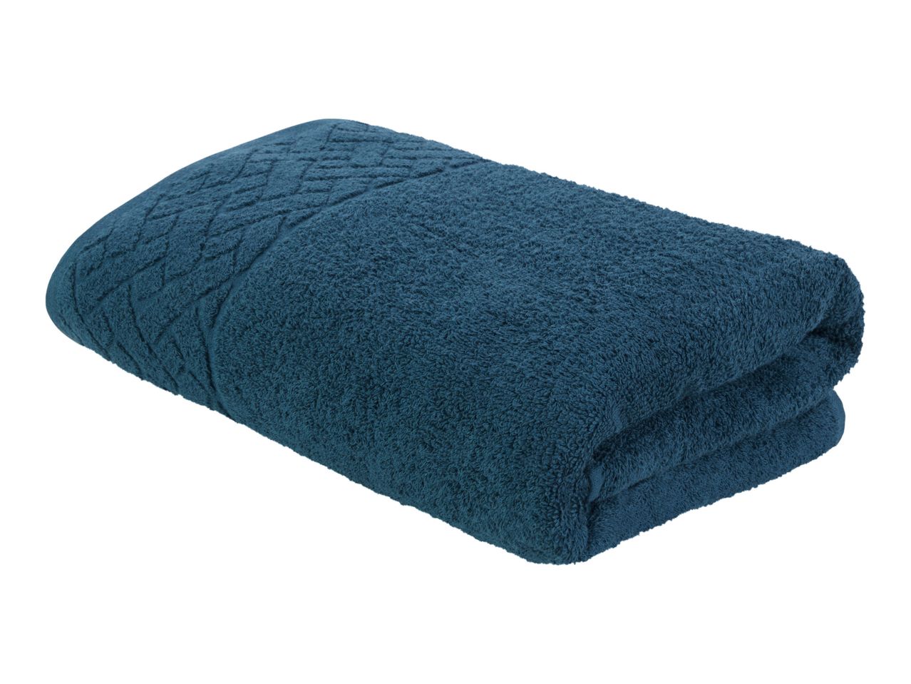 A dark teal bath towel folded on a white background.
