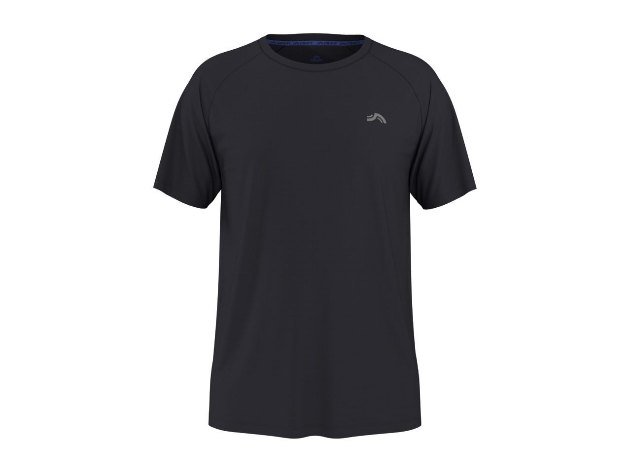 Black short-sleeved sports t-shirt with a small grey logo on the chest.