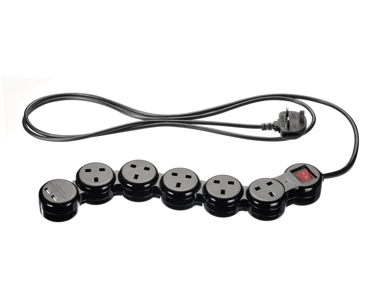 Black multi-plug extension lead with USB ports.