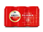 Rood sixpack pilsener bierblikjes met traditionele brouwerijafbeeldingen en tekst.