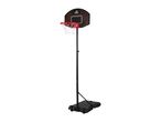 Portable basketball hoop with a black backboard, red rim, and white net on a black base.