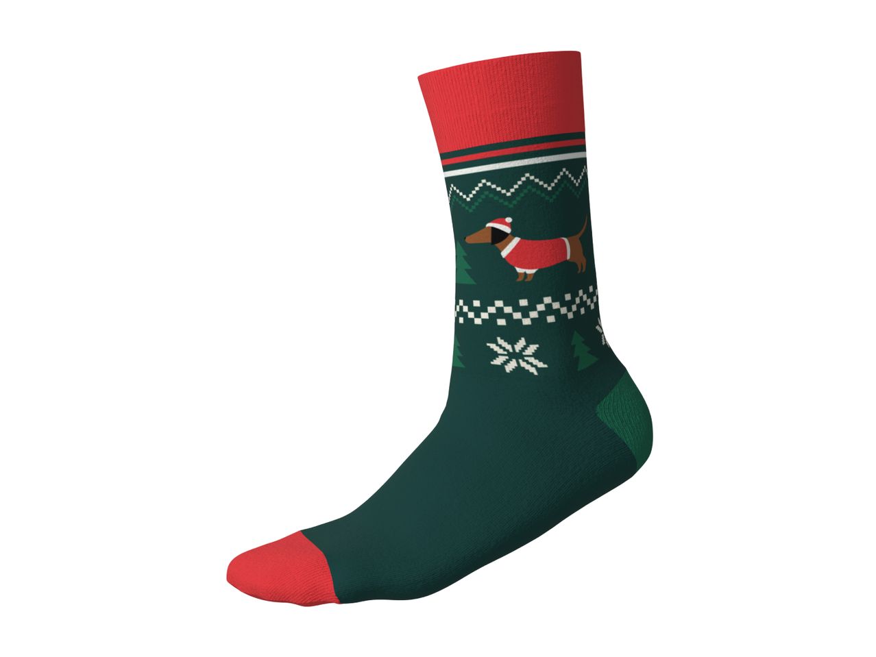Green Christmas sock with a dachshund pattern, red toe and cuff