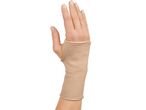 A hand wearing a beige wrist support brace, isolated on a white background.