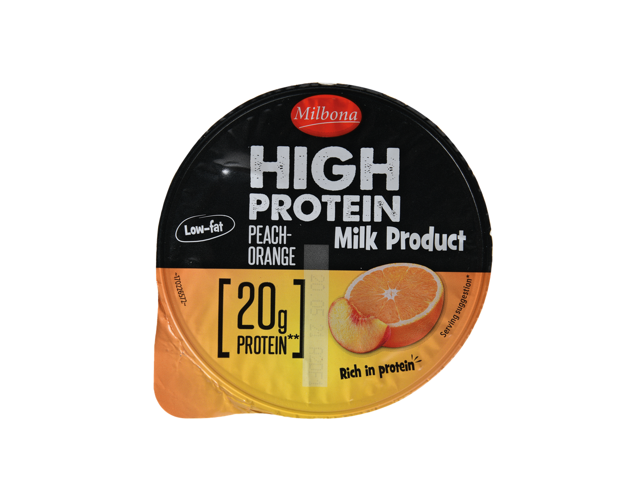 Produto lácteo Milbona rico em proteínas, sabor pêssego-laranja.