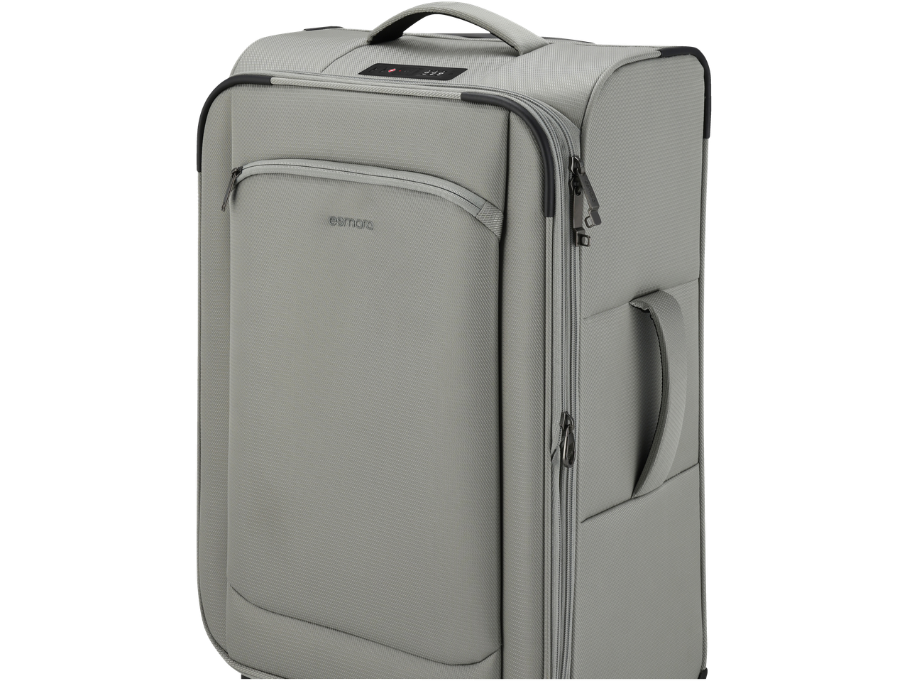 Esmara light grey trolley suitcase with front pocket and combination lock.